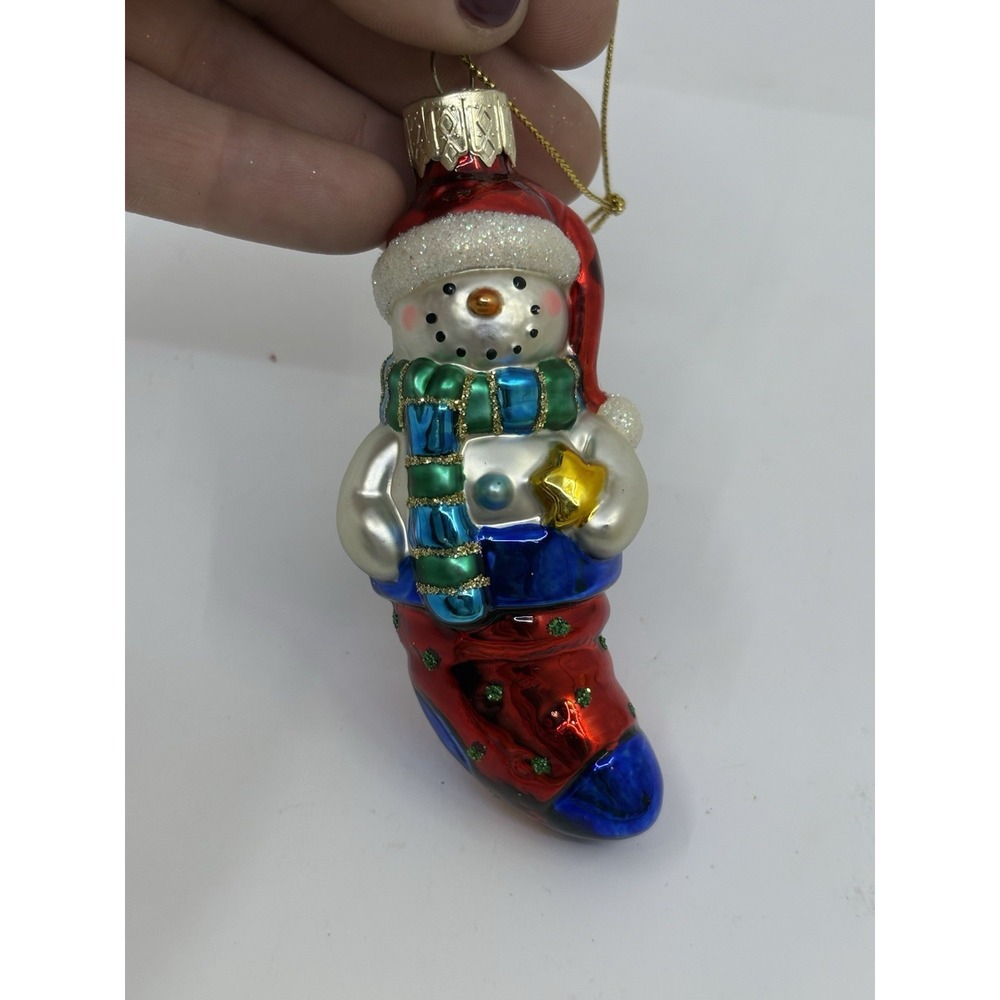 Snowman Inside Stocking Glass Christmas Tree Ornament Thomas Pacconi